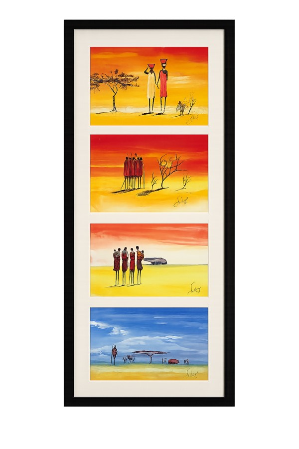 Black frame with four-aperture mount holding a set of safari paintings